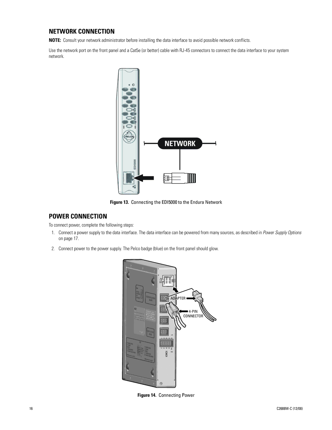 Pelco AD2088 manual Network Connection, Power Connection 