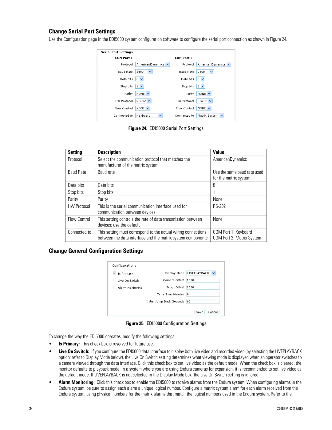 Pelco AD2088 manual Change Serial Port Settings, Change General Configuration Settings, Setting Description Value 