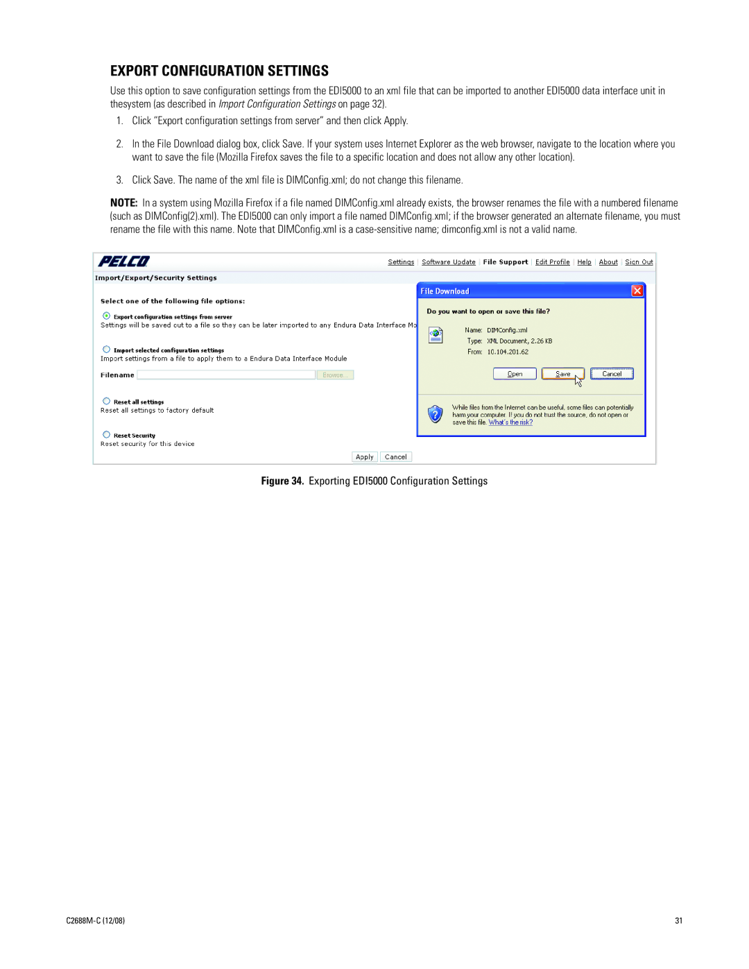 Pelco AD2088 manual Export Configuration Settings, Exporting EDI5000 Configuration Settings 