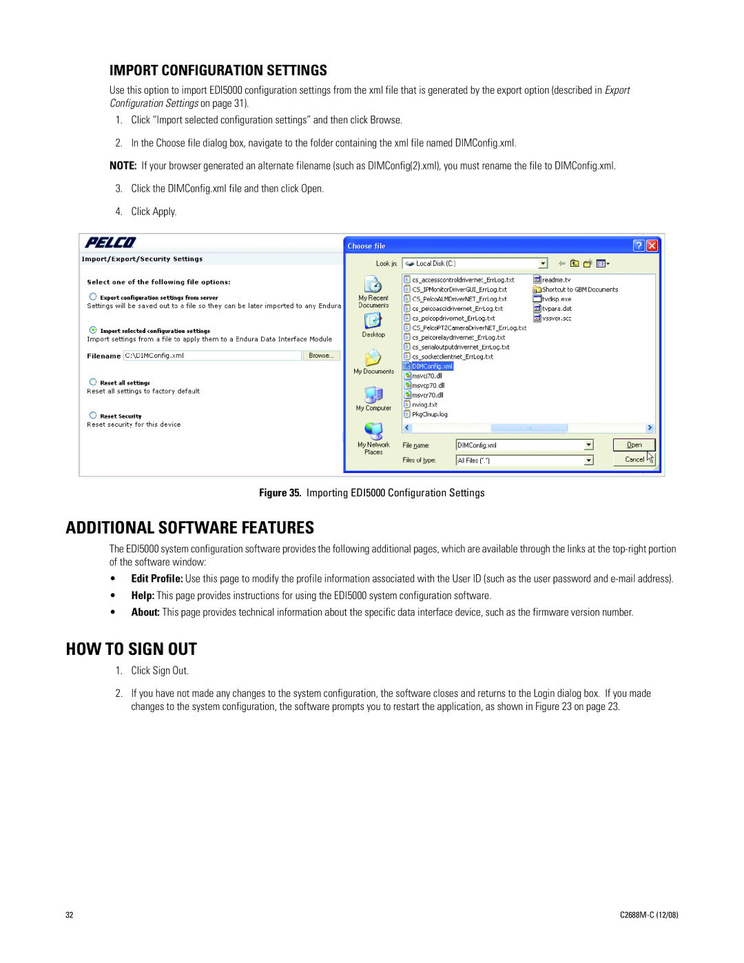 Pelco AD2088 manual Additional Software Features, HOW to Sign OUT, Import Configuration Settings, Click Sign Out 