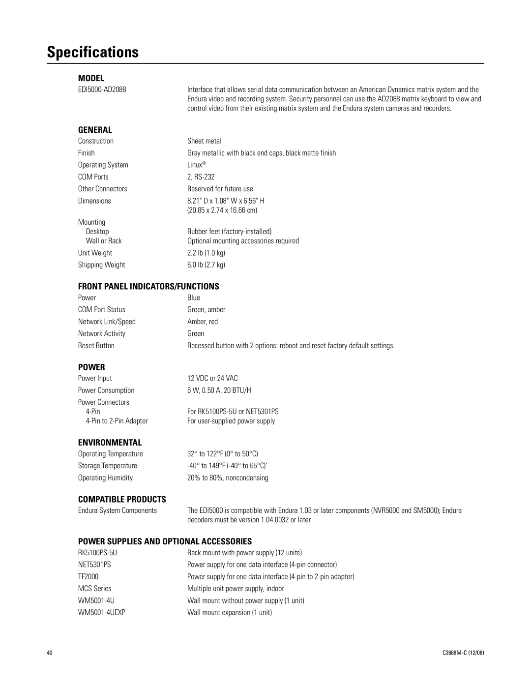 Pelco AD2088 manual Specifications 