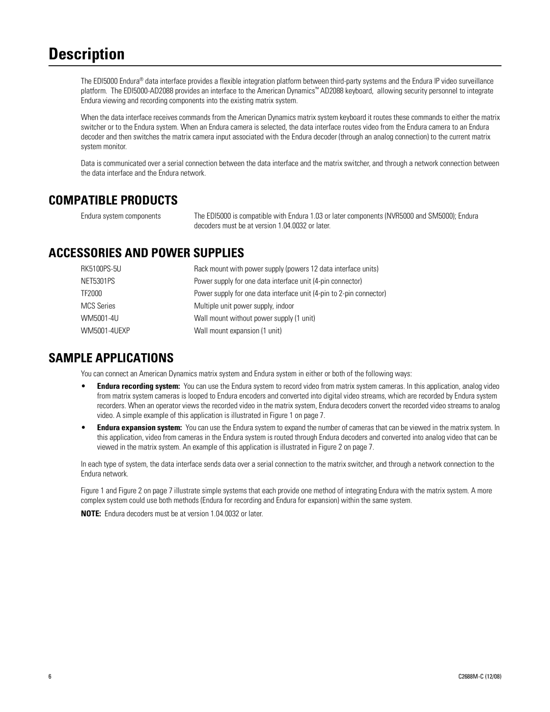 Pelco AD2088 manual Description, Compatible Products, Accessories and Power Supplies, Sample Applications 