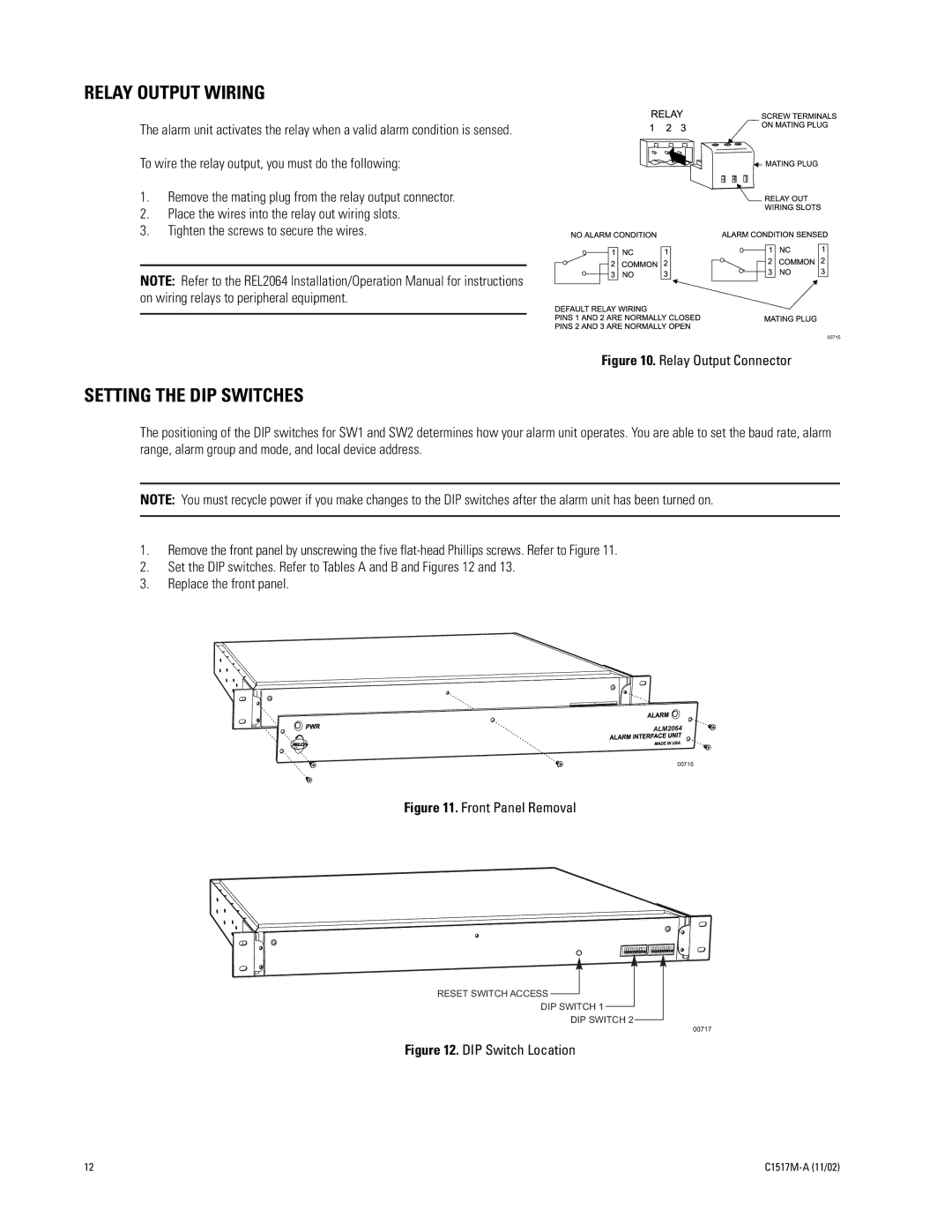 Pelco ALM2064 manual Relay Output Wiring, Setting the DIP Switches 