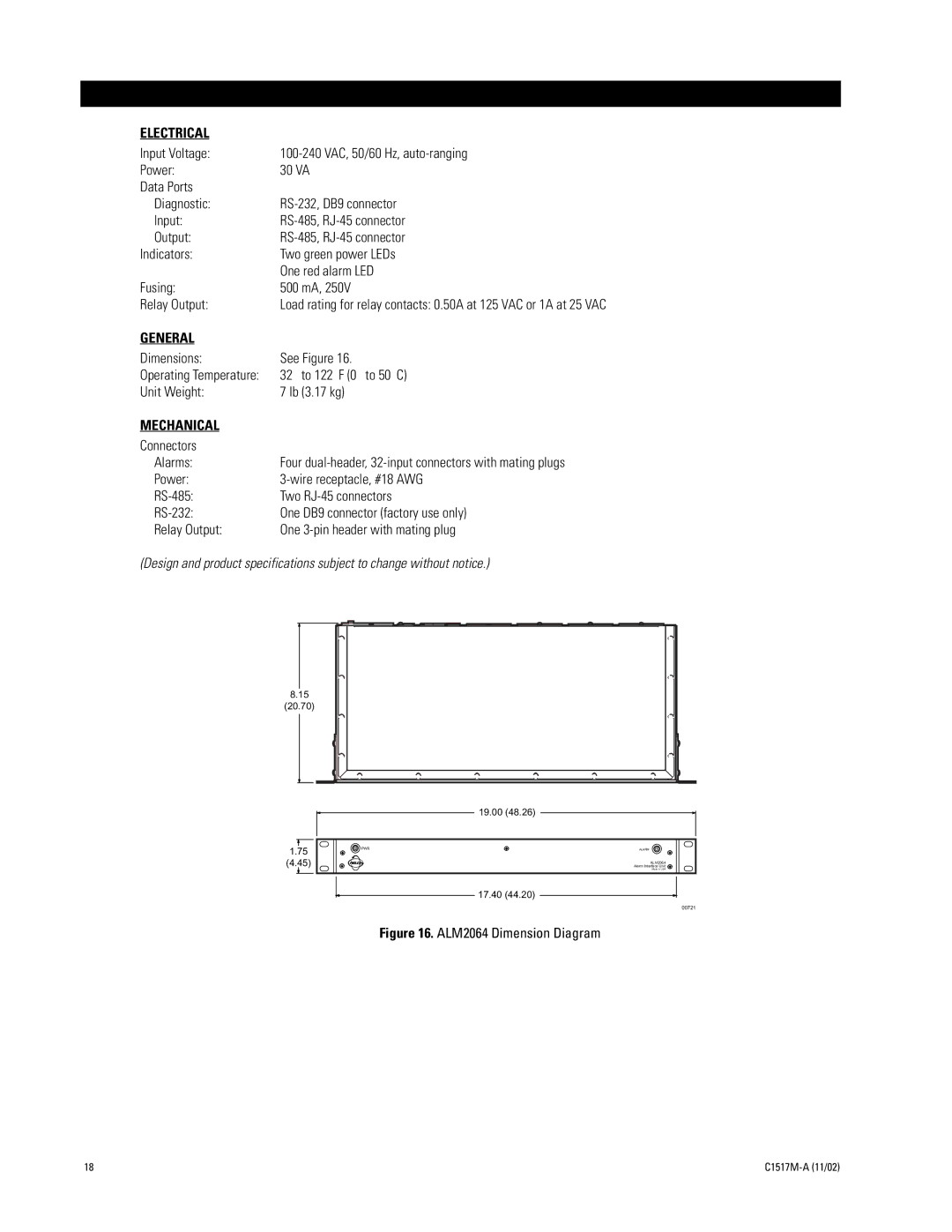 Pelco ALM2064 manual Specifications, Electrical, General, Mechanical 