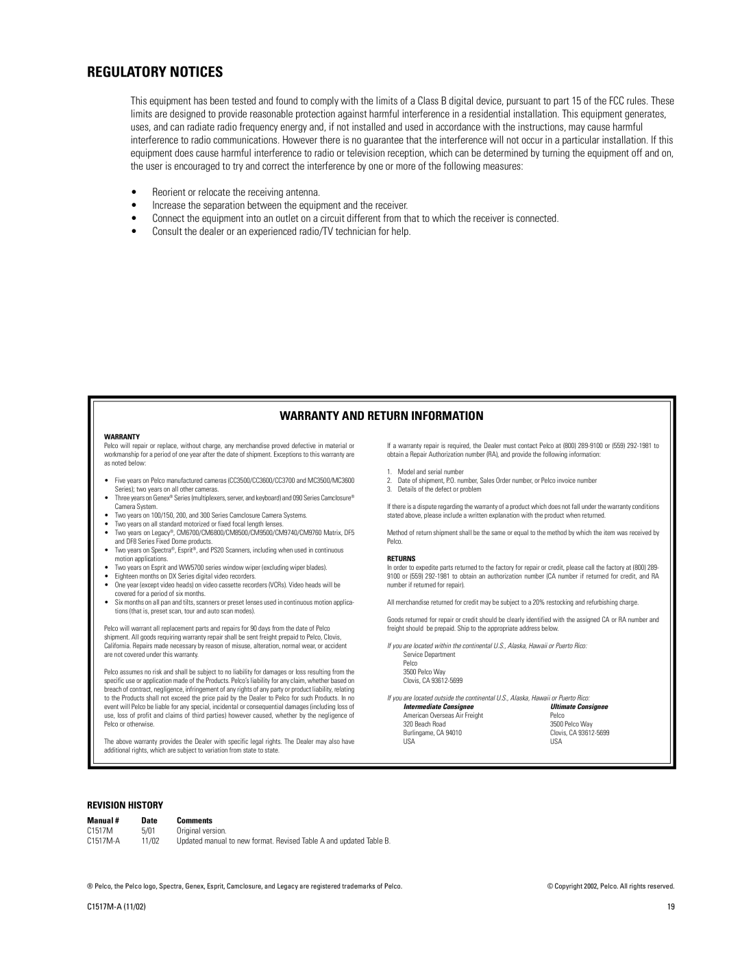 Pelco ALM2064 manual Regulatory Notices, Warranty and Return Information 