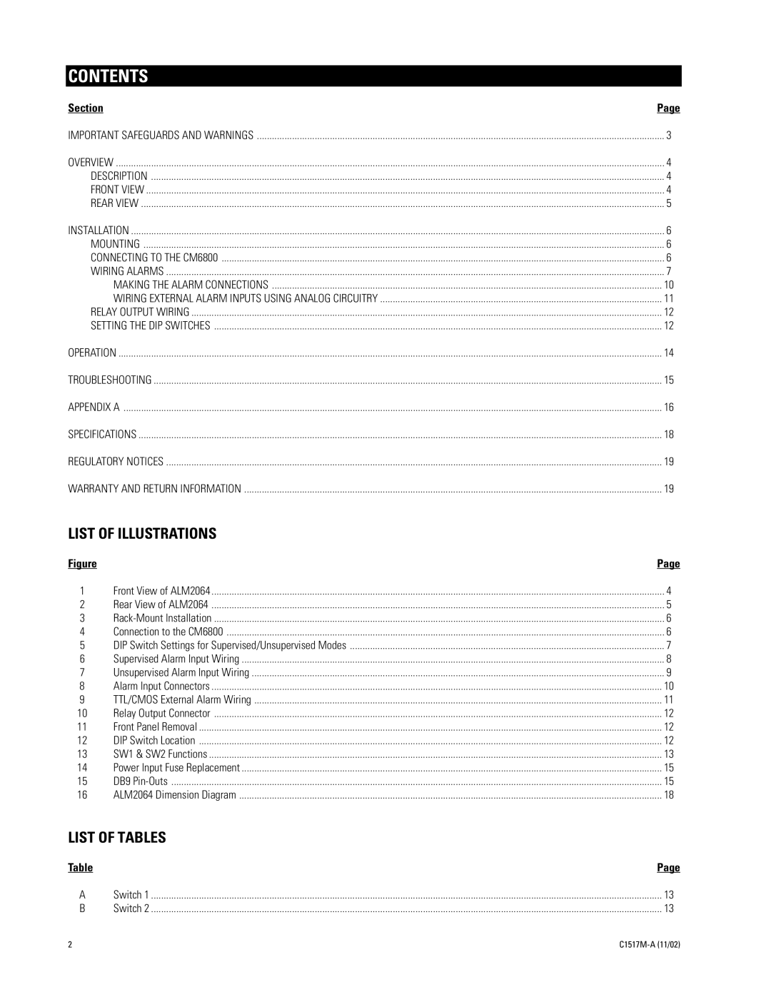 Pelco ALM2064 manual Contents 