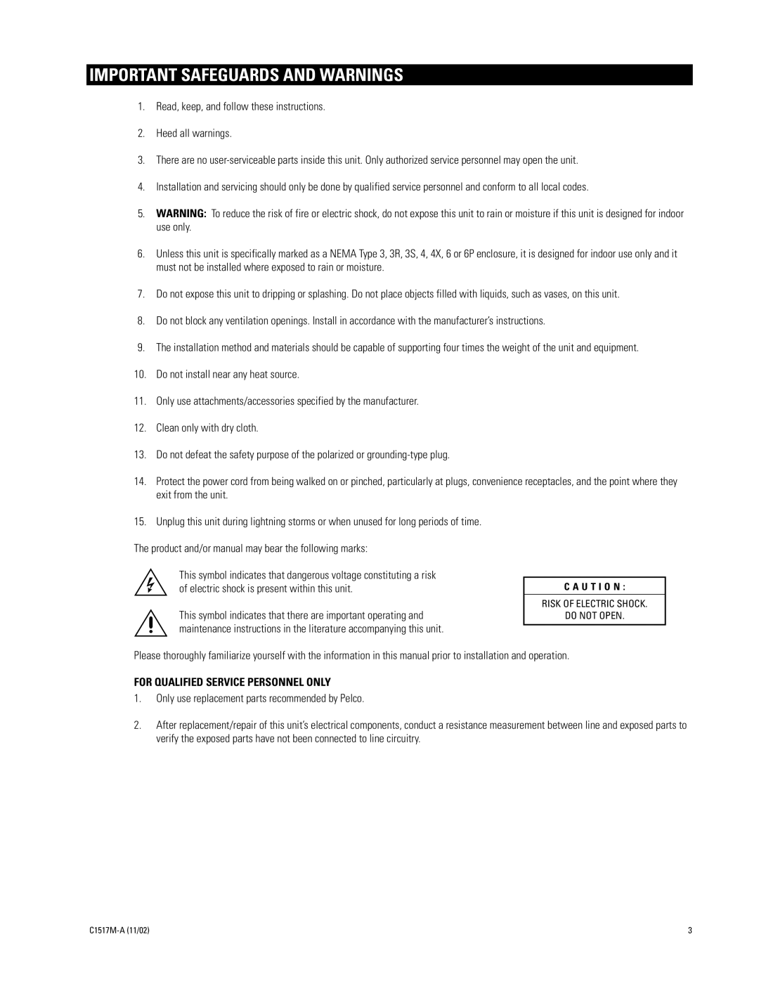 Pelco ALM2064 manual Important Safeguards and Warnings, For Qualified Service Personnel only 