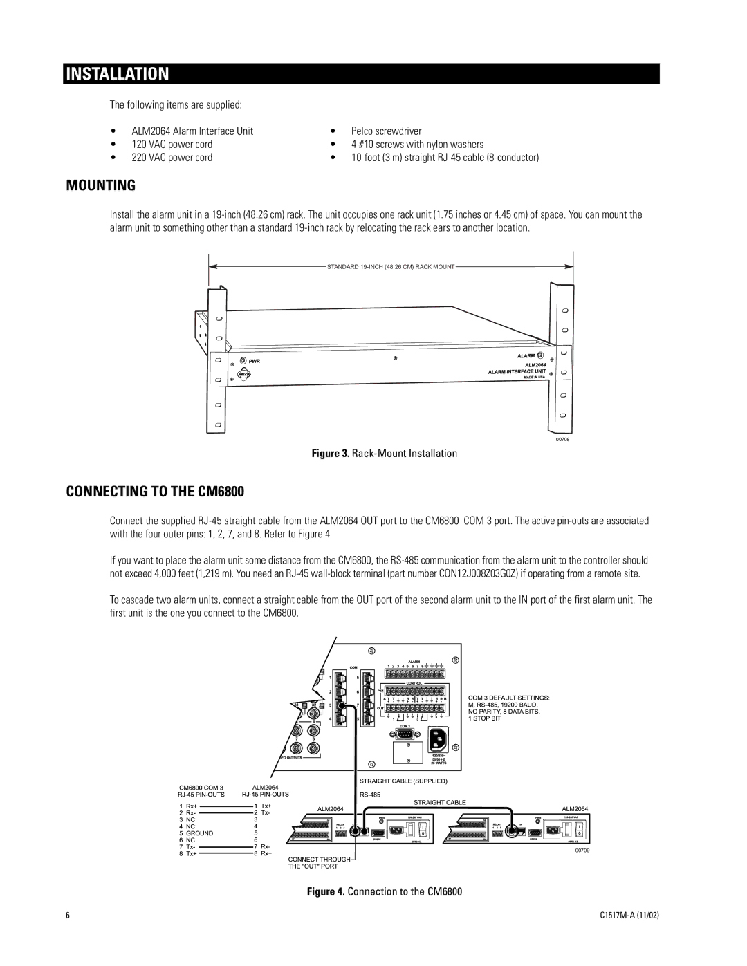 Pelco ALM2064 manual Installation, Mounting, Connecting to the CM6800 