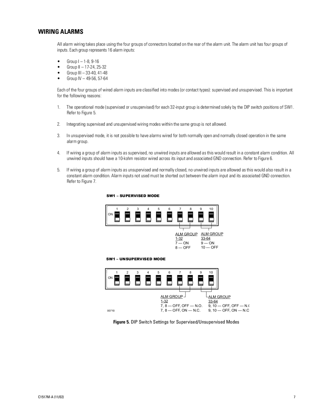 Pelco ALM2064 manual Wiring Alarms, DIP Switch Settings for Supervised/Unsupervised Modes 