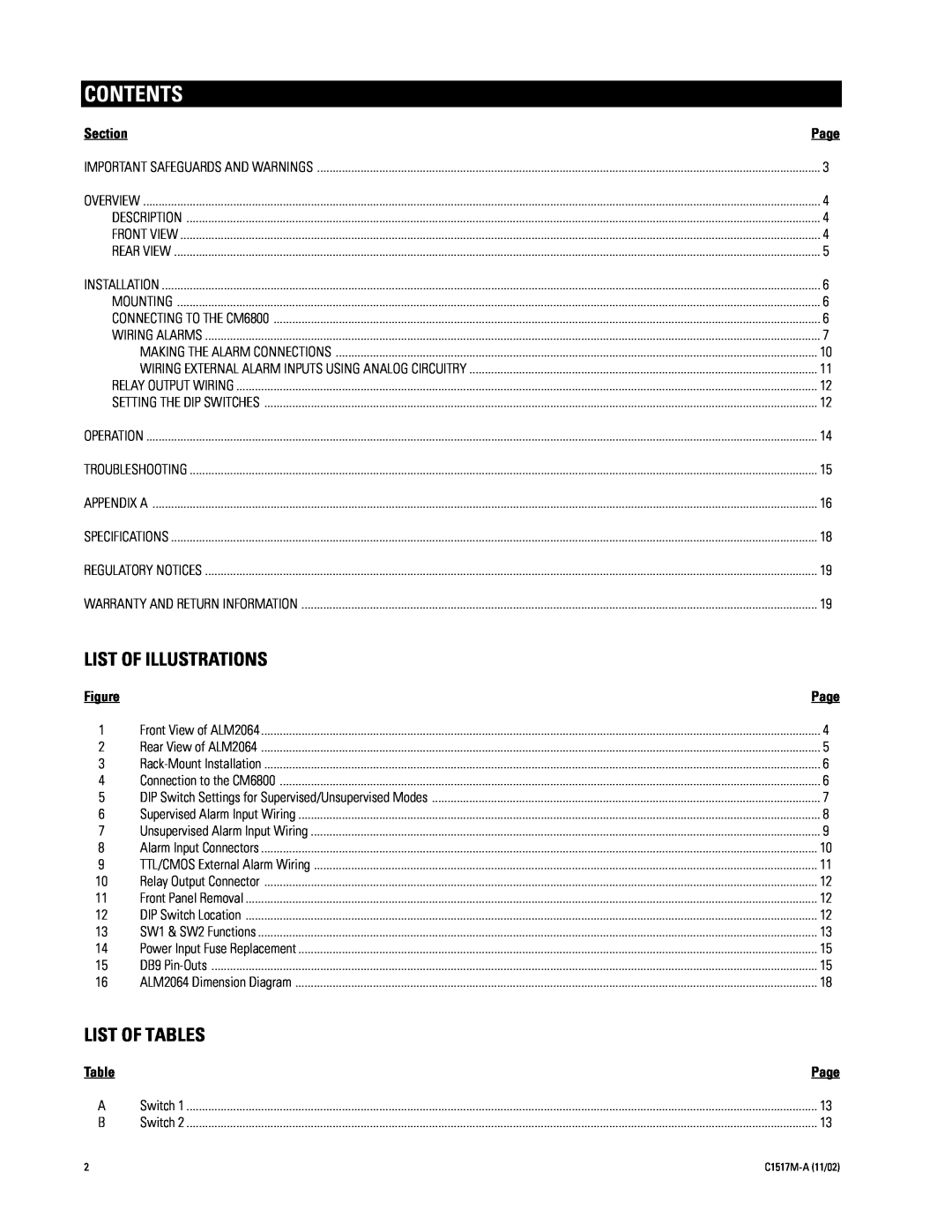 Pelco ALM2064 manual Contents, List Of Illustrations, List Of Tables 