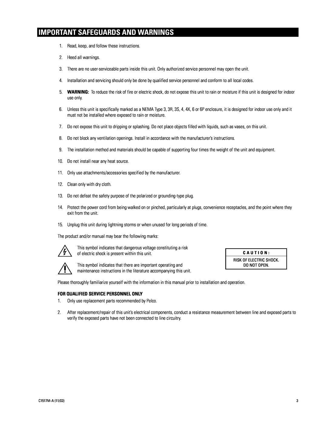 Pelco ALM2064 manual Important Safeguards And Warnings, For Qualified Service Personnel Only 