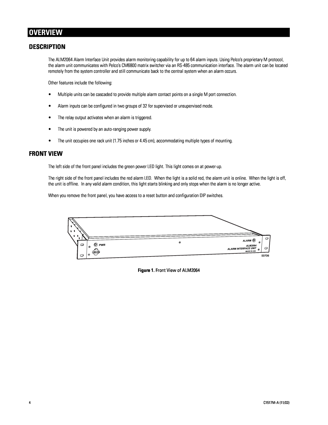 Pelco ALM2064 manual Overview, Description, Front View 