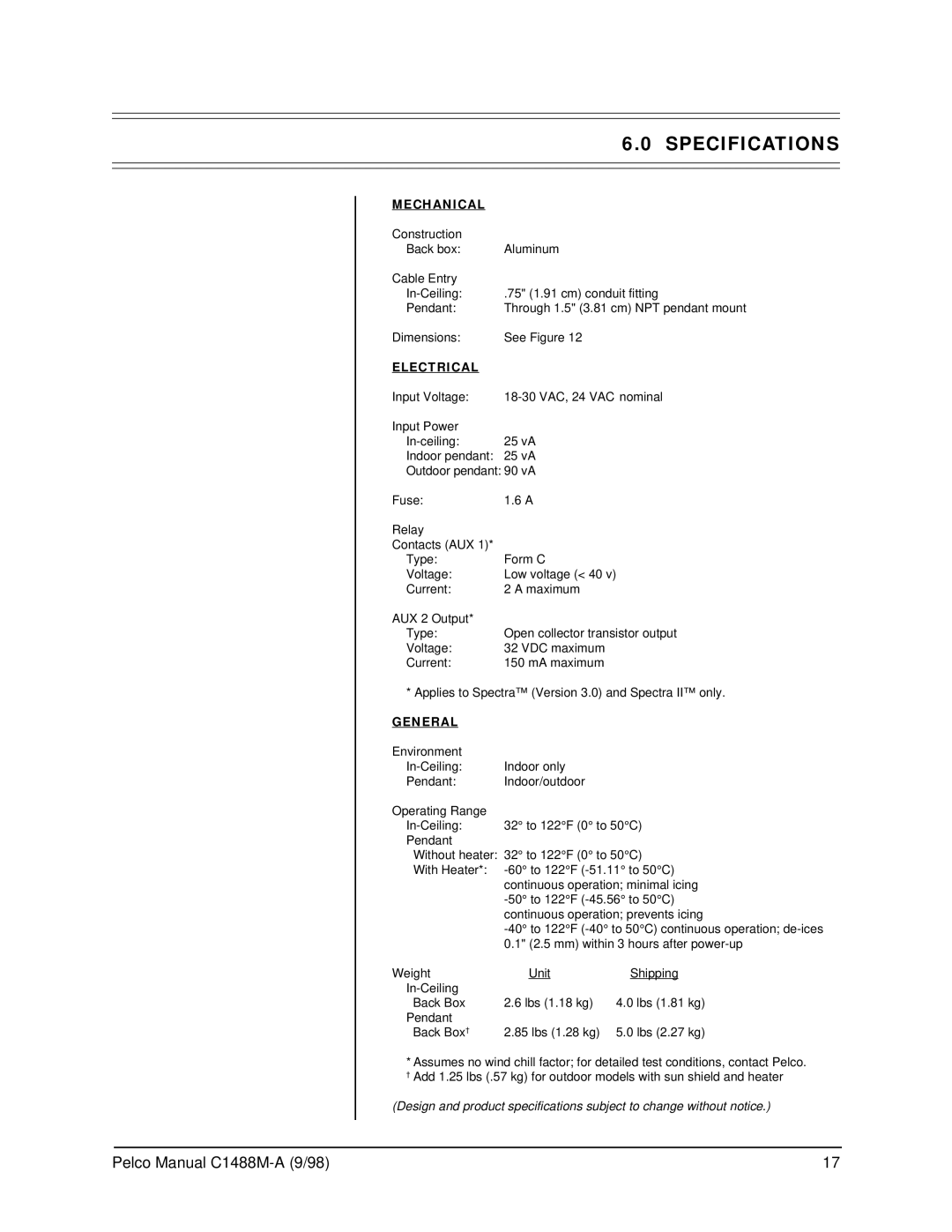 Pelco BB5L operation manual Specifications, Mechanical, Electrical, General 