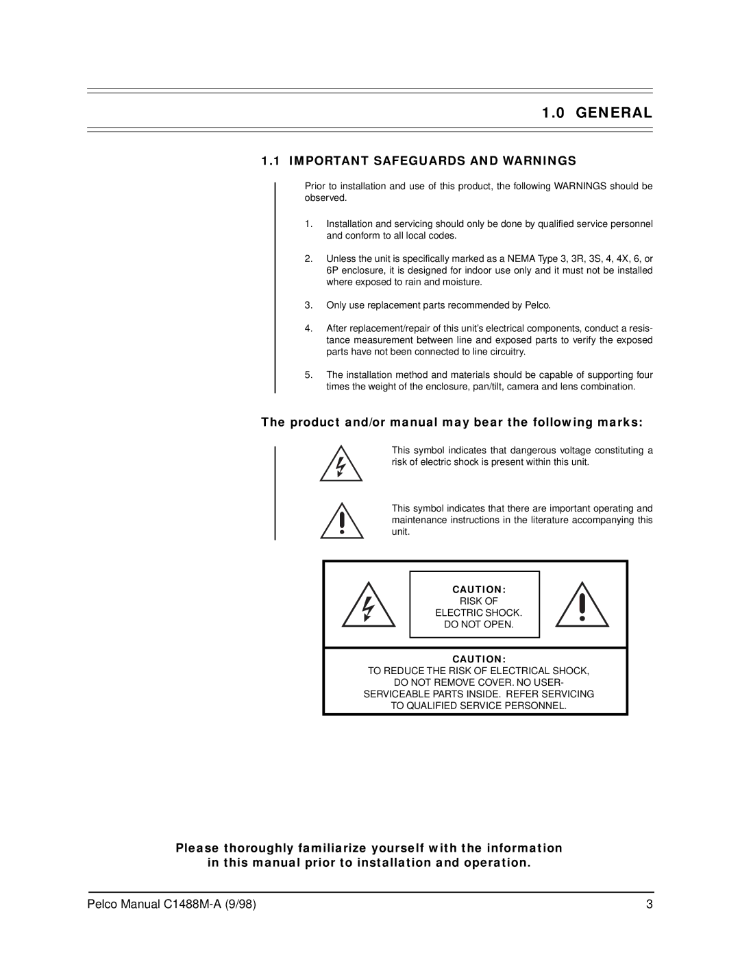 Pelco BB5L operation manual General, Important Safeguards and Warnings 