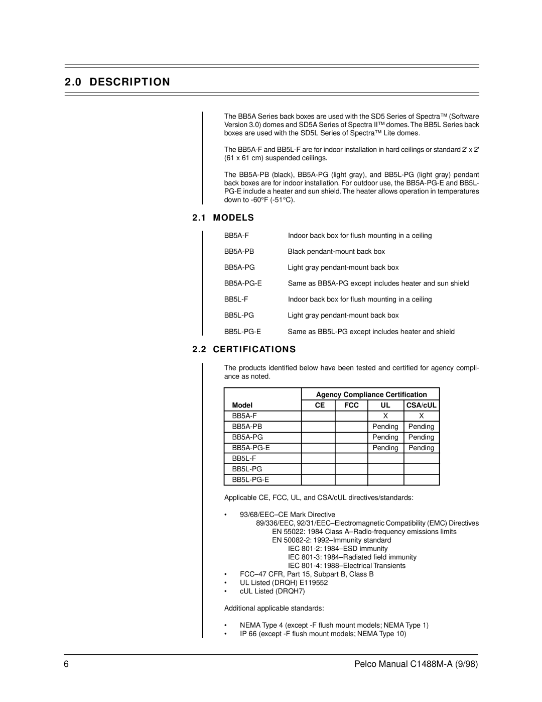 Pelco BB5L operation manual Description, Models, Certifications, Fcc 