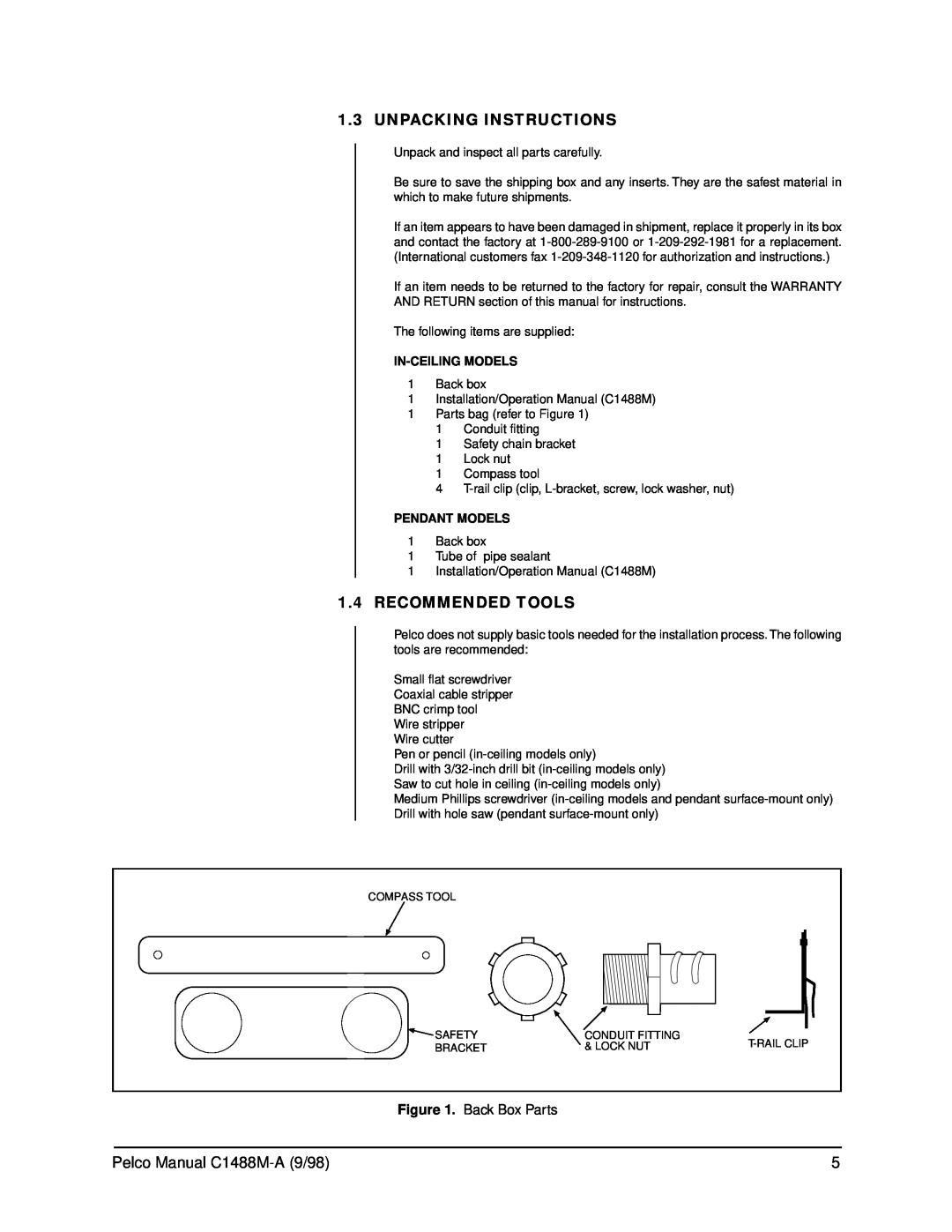 Pelco BB5L operation manual Unpacking Instructions, Recommended Tools, Back Box Parts, In-Ceiling Models, Pendant Models 