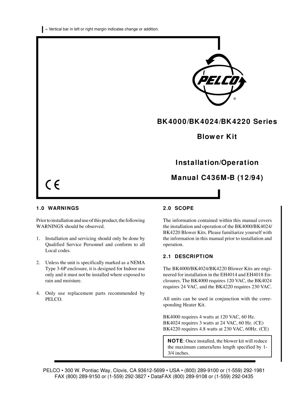 Pelco BK4024, BK4220 operation manual Scope, Pelco, Description 