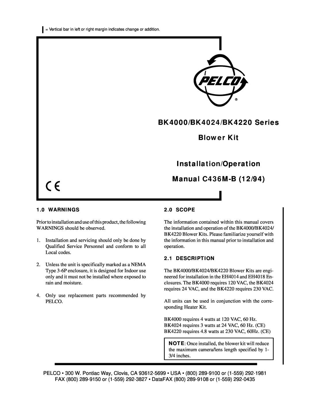 Pelco operation manual Warnings, Scope, Description, BK4000/BK4024/BK4220 Series, Blower Kit, Installation/Operation 