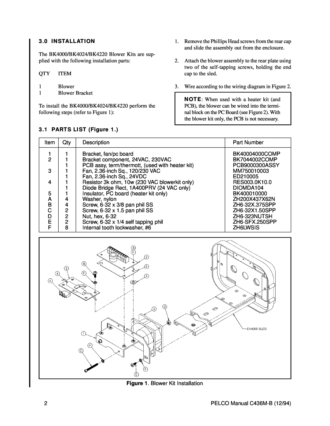 Pelco BK4220, BK4024 operation manual Installation, PARTS LIST Figure 