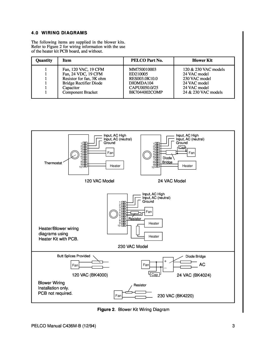 Pelco BK4024, BK4220 operation manual Wiring Diagrams, Quantity, PELCO Part No, Blower Kit 