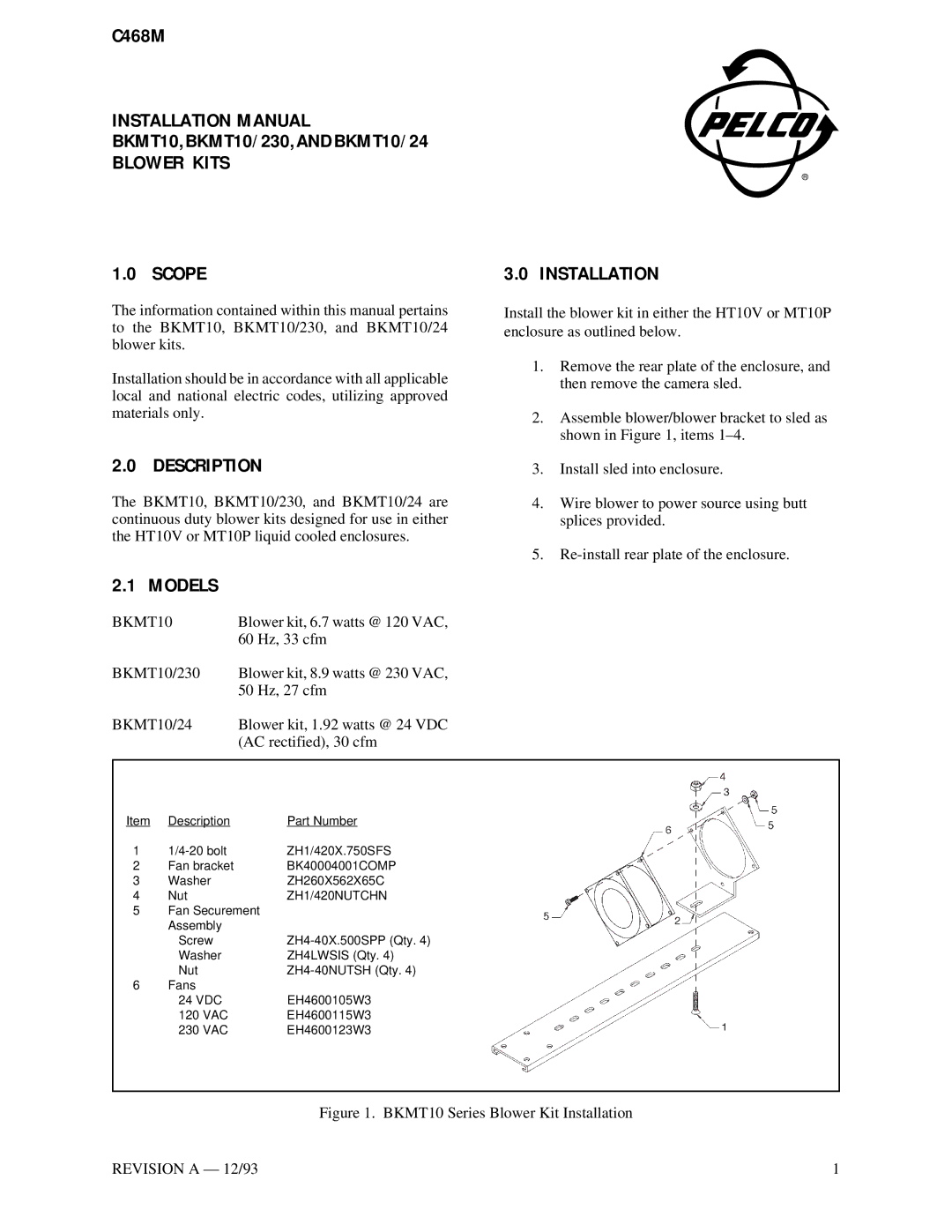 Pelco BKMT10/230, BKMT10/24 installation manual Installation Manual, Blower Kits Scope Installation, Description, Models 