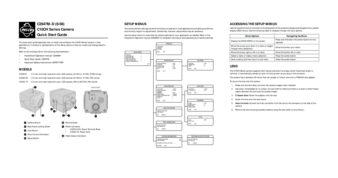 Pelco C10CH-6X, C10CH-7X quick start Accessing the Setup Menus, Models, Lens 