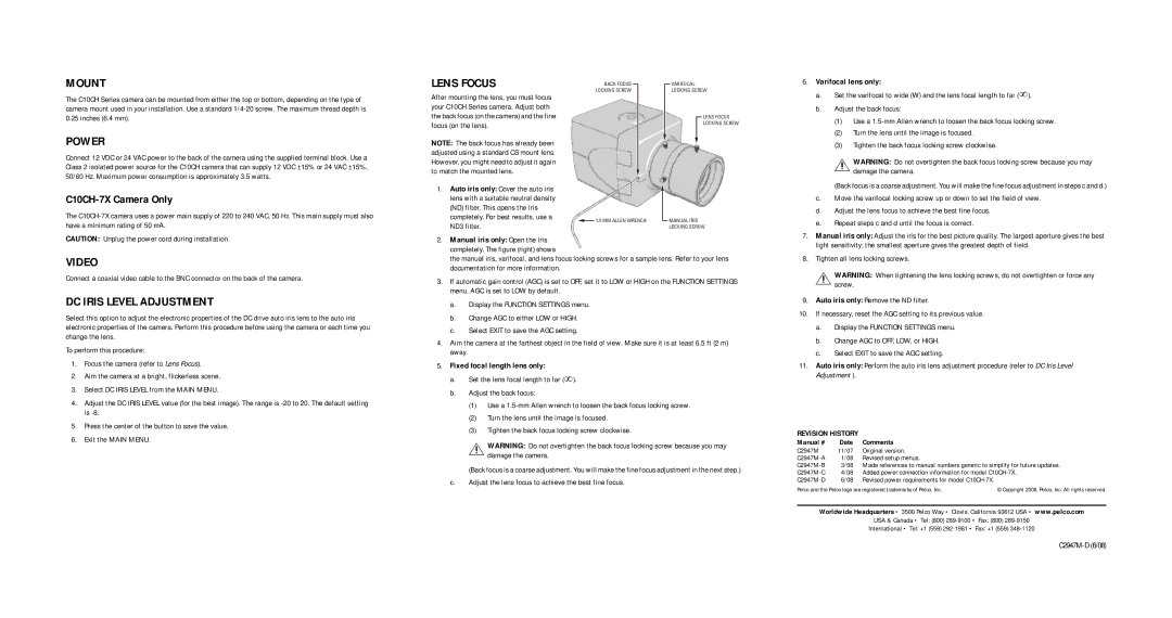 Pelco C10CH-7X, C10CH-6X quick start Mount, Power, Lens Focus, Video, DC Iris Level Adjustment 