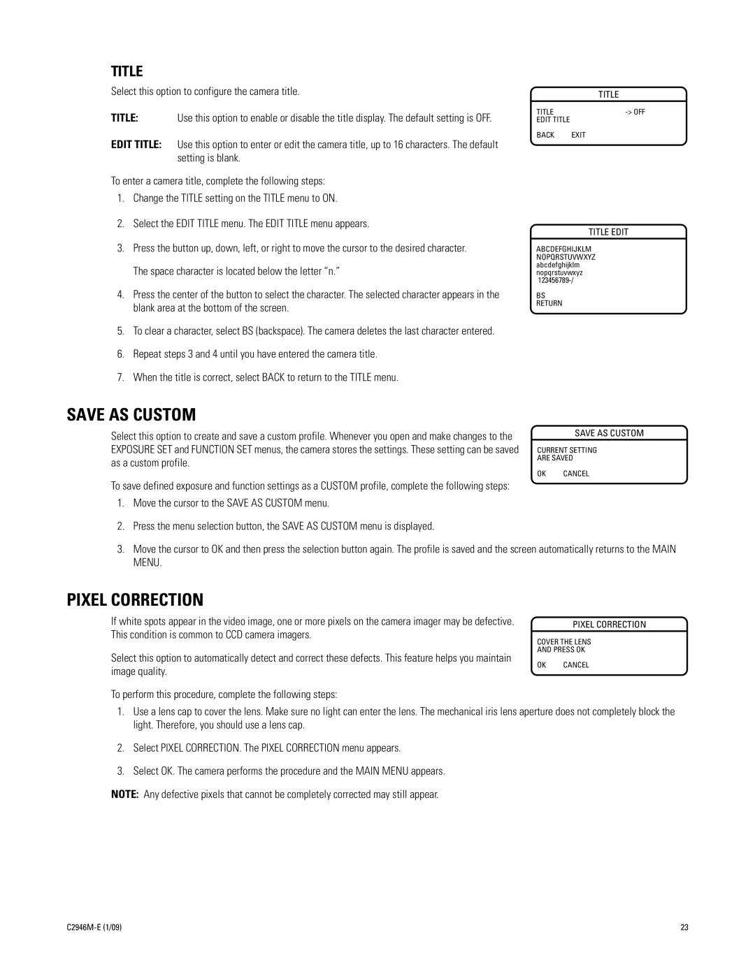 Pelco C10CH manual Save AS Custom, Pixel Correction, Title 