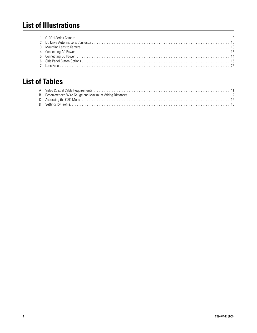 Pelco C10CH manual List of Illustrations, List of Tables 