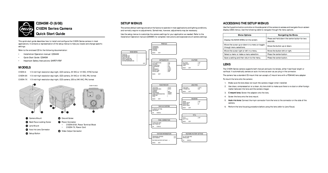 Pelco C10DN-6X, C10DN-7X quick start Accessing the Setup Menus, Models, Lens 