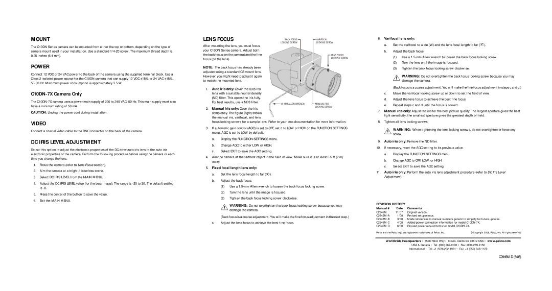 Pelco C10DN-7X, C10DN-6X quick start Mount, Power, Lens Focus, Video, DC Iris Level Adjustment 
