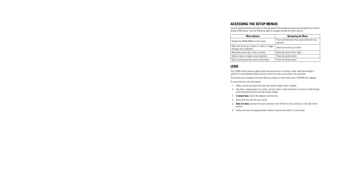 Pelco C10DN-6X, C10DN-7X operation manual Accessing the Setup Menus, Lens, Menu Options Navigating the Menu 