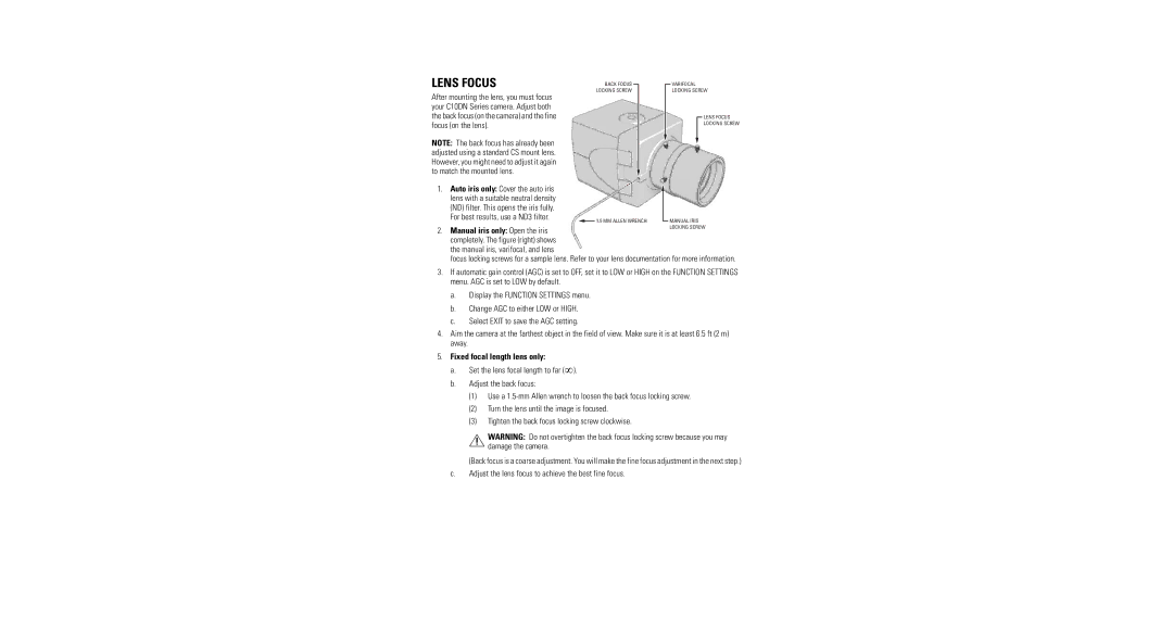 Pelco C10DN-6X, C10DN-7X operation manual Lens Focus, Fixed focal length lens only 