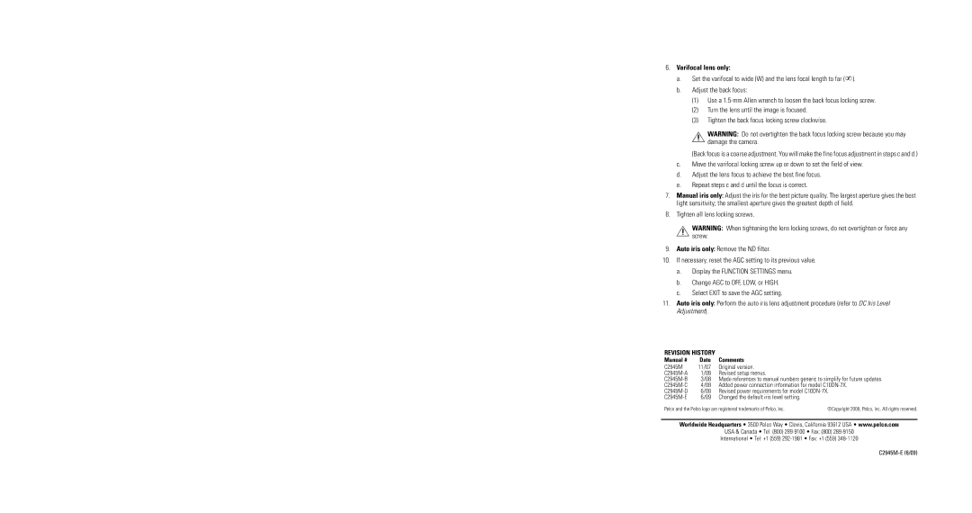 Pelco C10DN-7X, C10DN-6X operation manual Varifocal lens only, Revision History 
