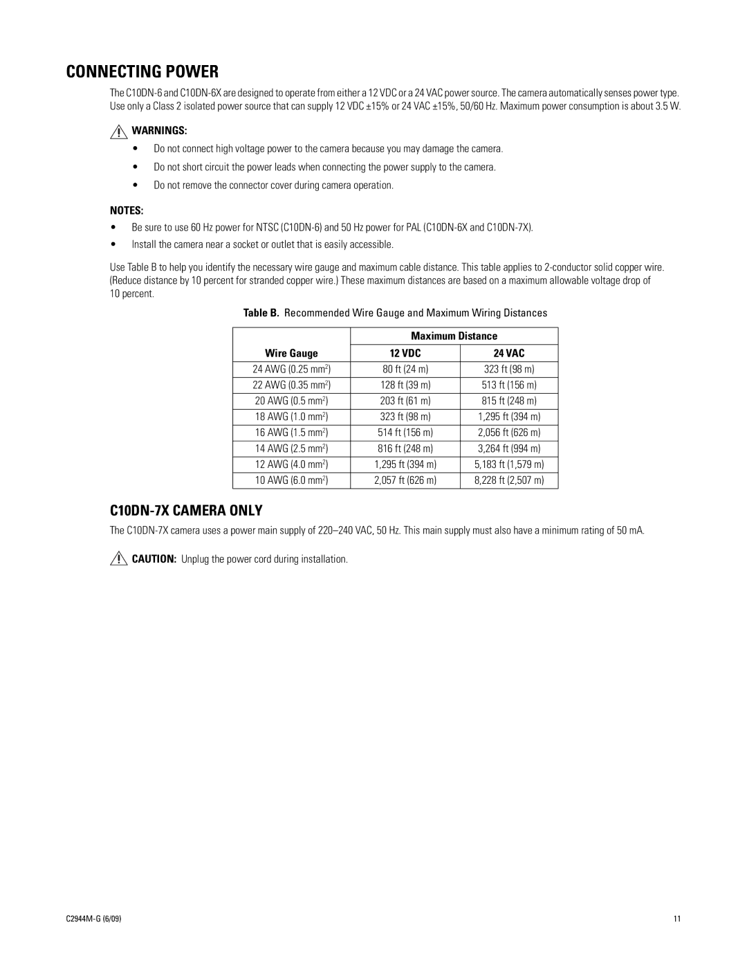 Pelco manual Connecting Power, C10DN-7X Camera only 