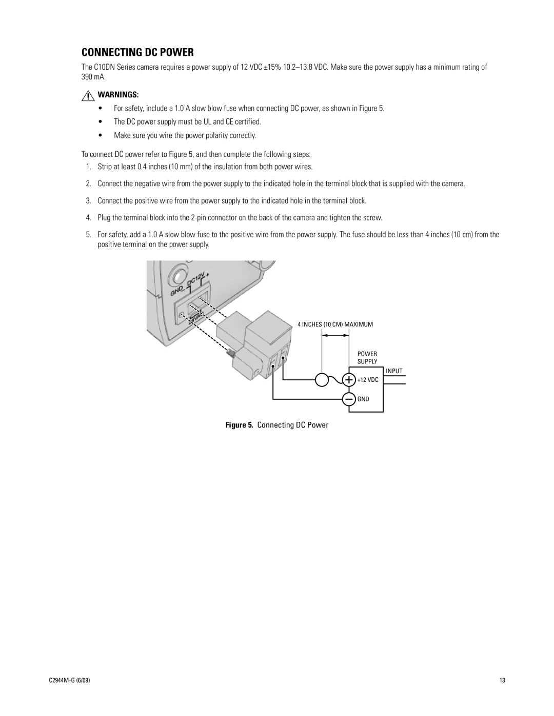 Pelco C10DN manual Connecting DC Power 