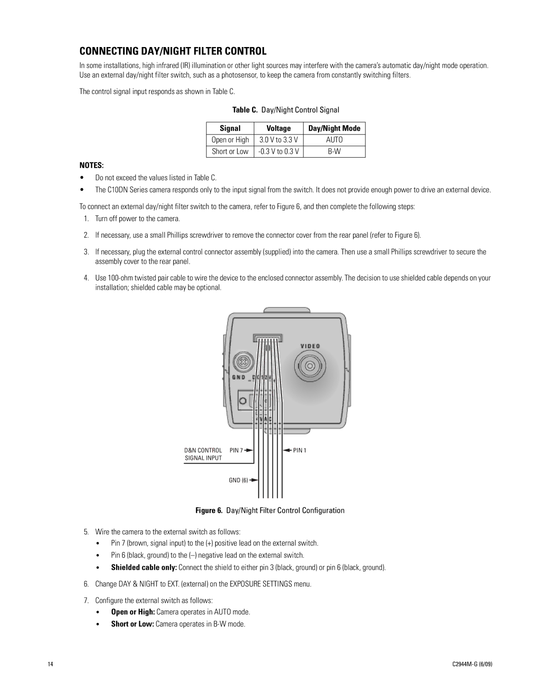 Pelco C10DN manual Connecting DAY/NIGHT Filter Control, Signal Voltage, Do not exceed the values listed in Table C 