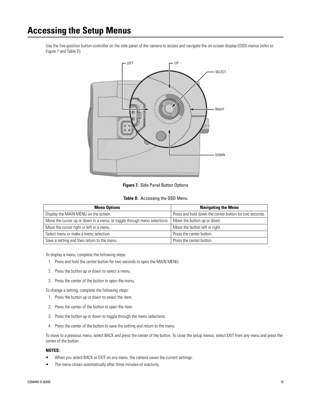 Pelco C10DN Accessing the Setup Menus, Navigating the Menu, Move the button up or down, Move the button left or right 