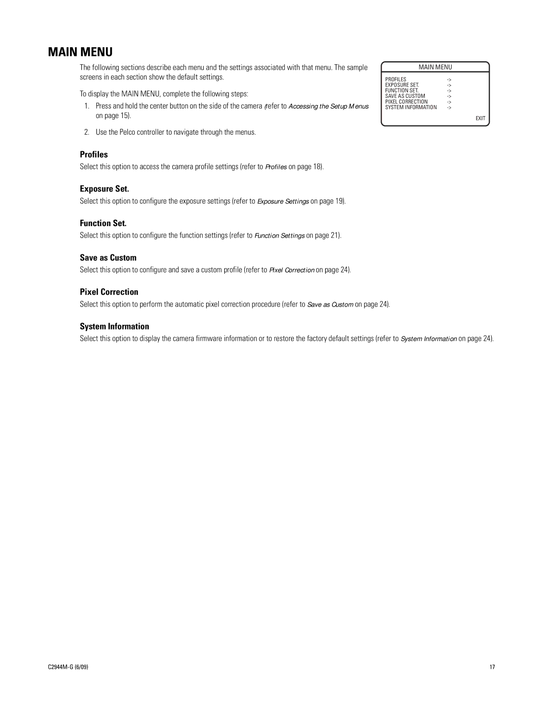 Pelco C10DN manual Main Menu, Pixel Correction 