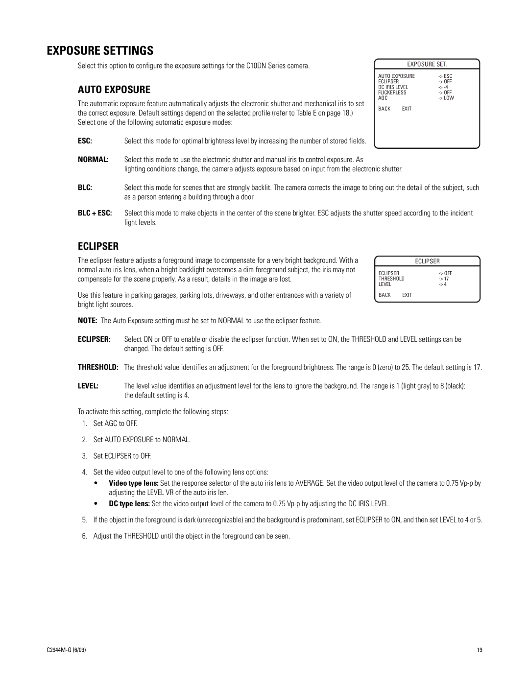 Pelco C10DN manual Exposure Settings, Auto Exposure, Eclipser 