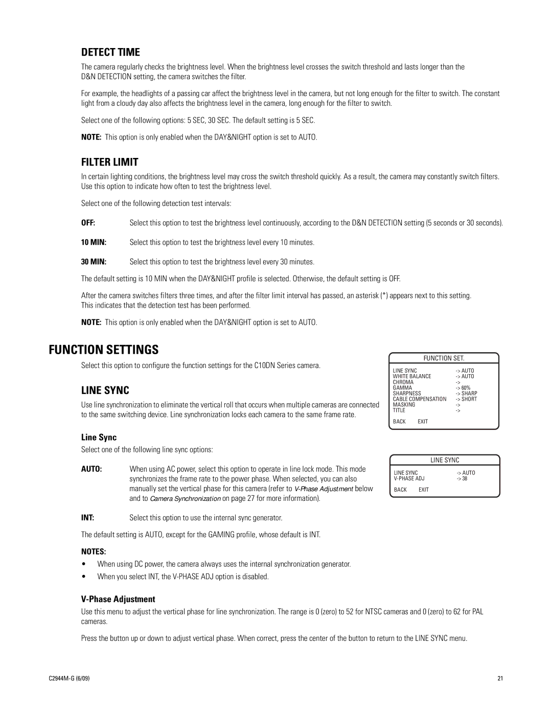 Pelco C10DN manual Function Settings, Detect Time, Filter Limit, Line Sync 