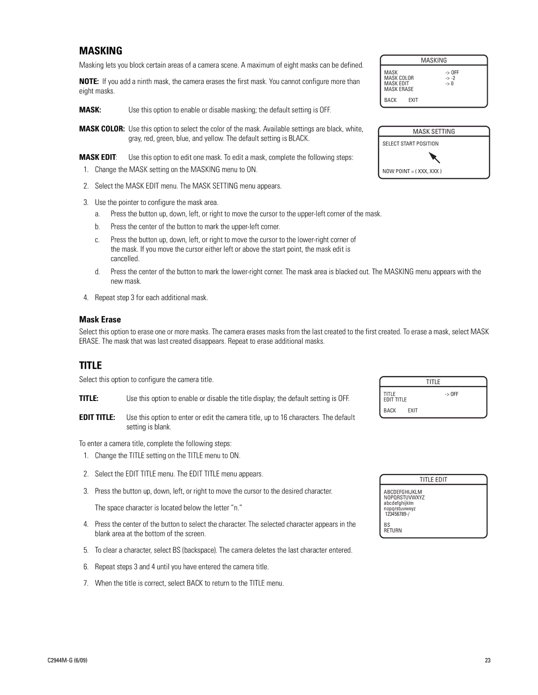 Pelco C10DN manual Masking, Title, Select this option to configure the camera title 