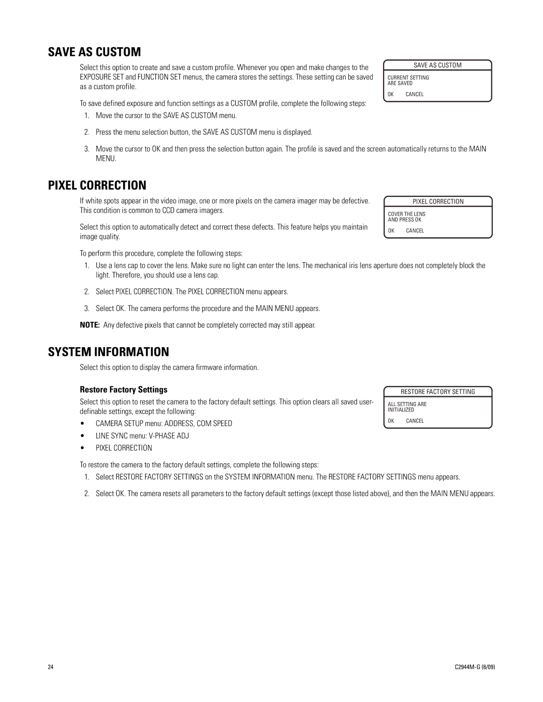 Pelco C10DN manual Save AS Custom, Pixel Correction, System Information 