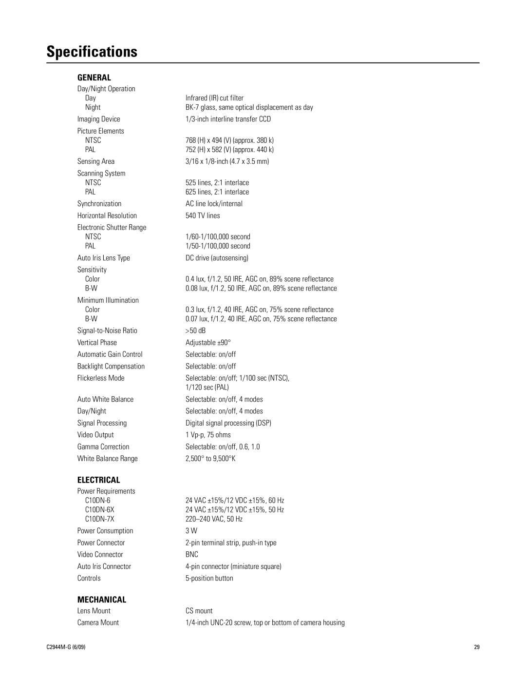 Pelco C10DN manual Specifications 