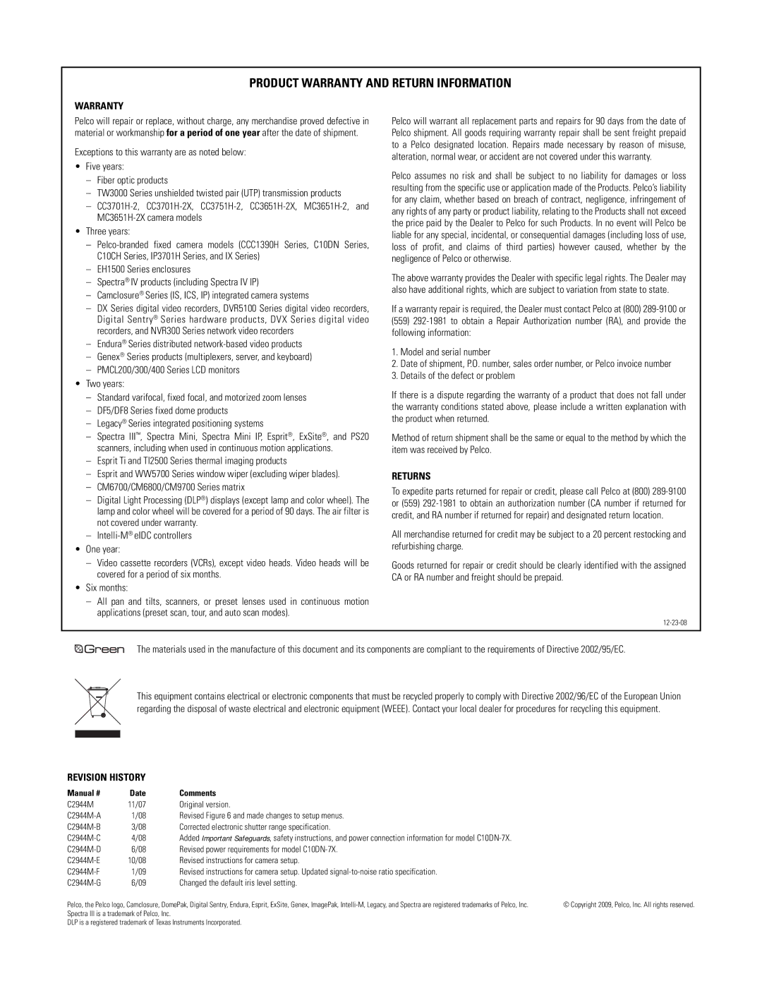 Pelco C10DN manual Product Warranty and Return Information 