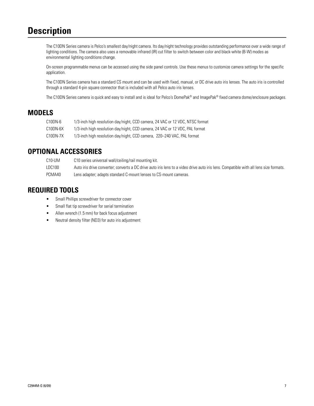 Pelco C10DN manual Description, Models, Optional Accessories, Required Tools 