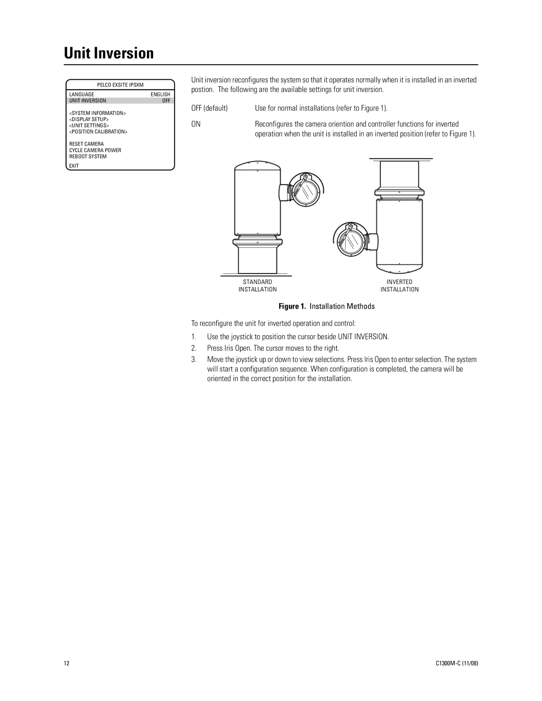 Pelco C1300M-C (11/08) manual Unit Inversion, OFF default Use for normal installations refer to Figure 