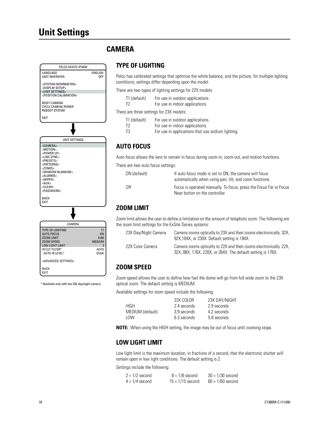 Pelco C1300M-C (11/08) manual Unit Settings, Camera 