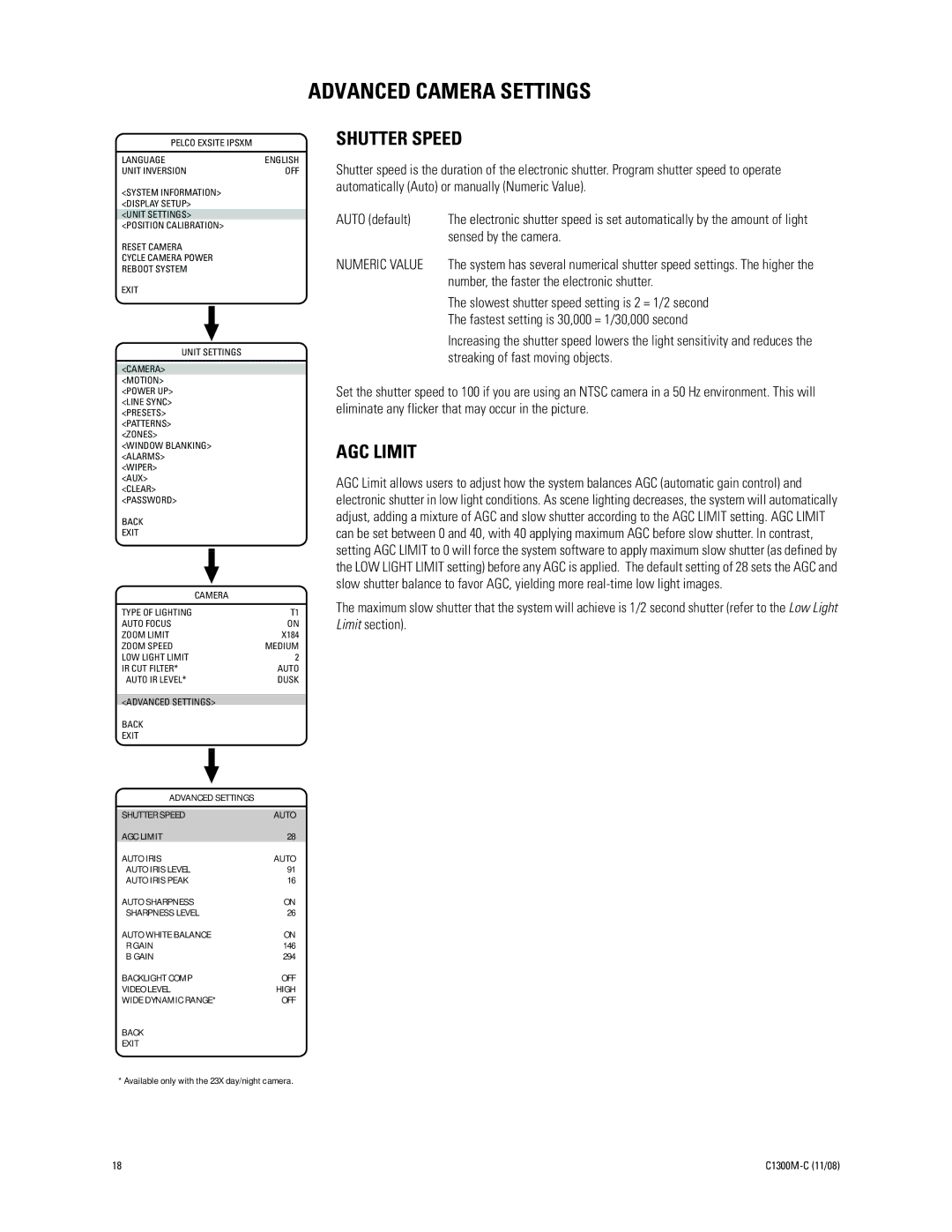 Pelco C1300M-C (11/08) manual Advanced Camera Settings, Shutter Speed, AGC Limit 