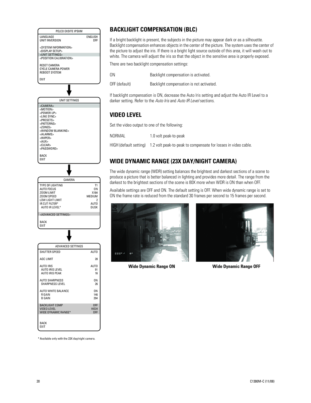 Pelco C1300M-C (11/08) manual Backlight Compensation BLC, Video Level, Wide Dynamic Range 23X DAY/NIGHT Camera, Normal 